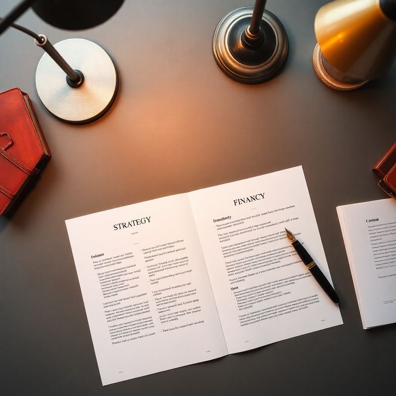 Document de strategie financiară deschis pe un birou, iluminat de o lampă cu lumină caldă